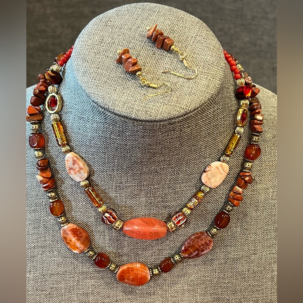 A set of 2 Beaded Gem Stone Necklace and Earrings 18” and 16”  1.5”